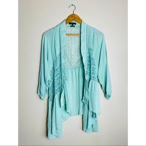 • SOLD • Miss Me Teal Boho Crochet Lace Open Drape Cardigan